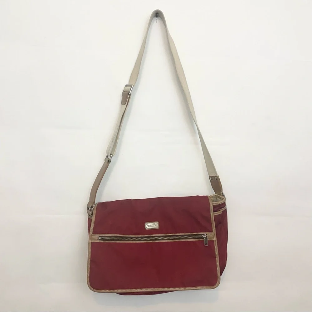 Coach F70355 Khaki red Nylon With Leather Trim Messenger laptop Unisex Bag